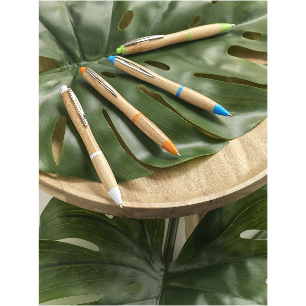 Penne a sfera in bambù con clip cromata, inchiostro blu
