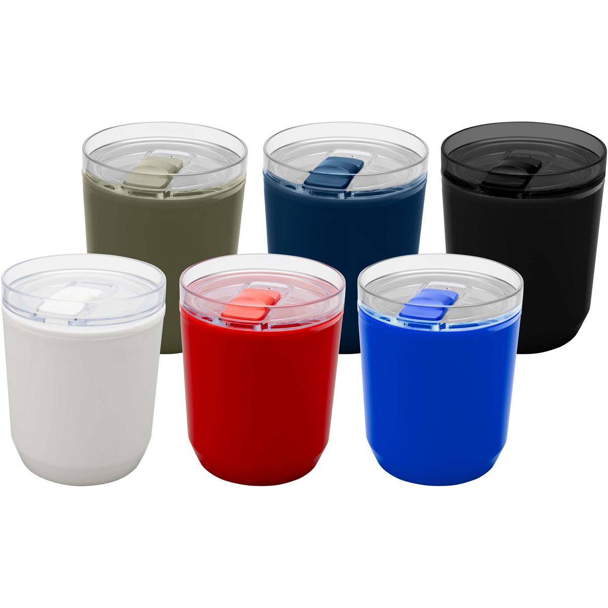 Bicchieri a doppia parete da 180 ml in plastica riciclata con coperchio scorrevole
