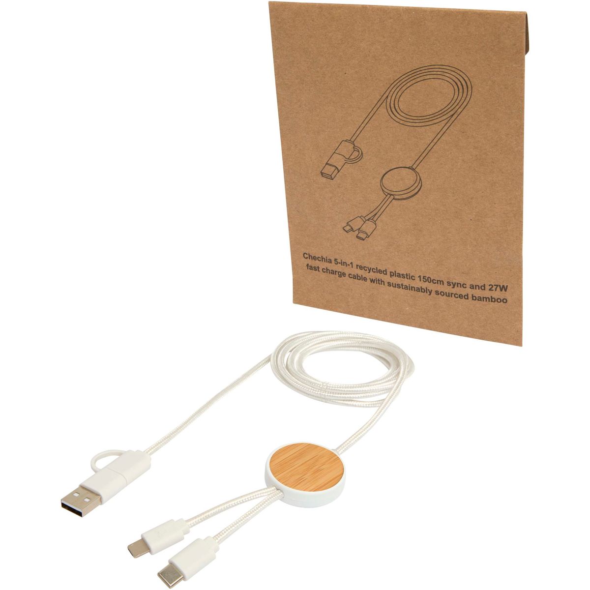 Cavi di ricarica rapida 5 in 1 riciclati da 150 cm, 27 W, con dettagli in bambù