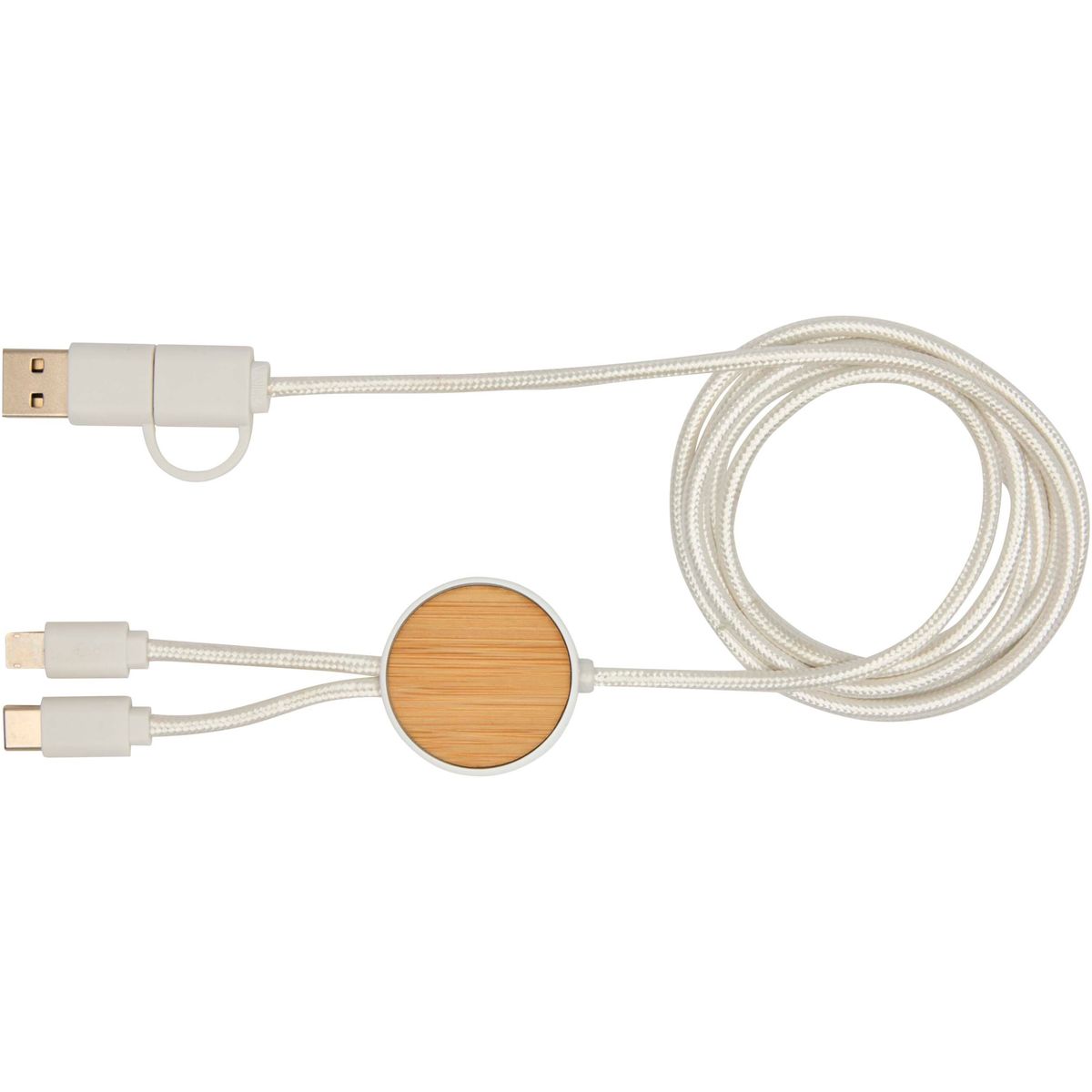 Cavi di ricarica rapida 5 in 1 riciclati da 150 cm, 27 W, con dettagli in bambù
