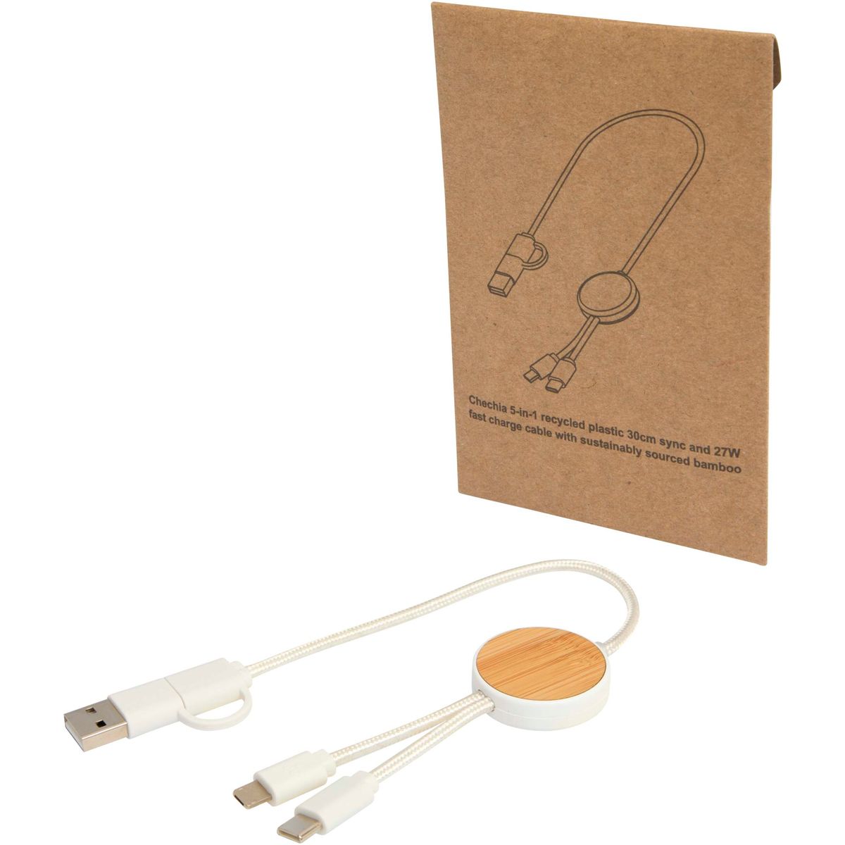 Cavi di ricarica rapida 5 in 1 riciclati da 30 cm, 27 W, con dettagli in bambù