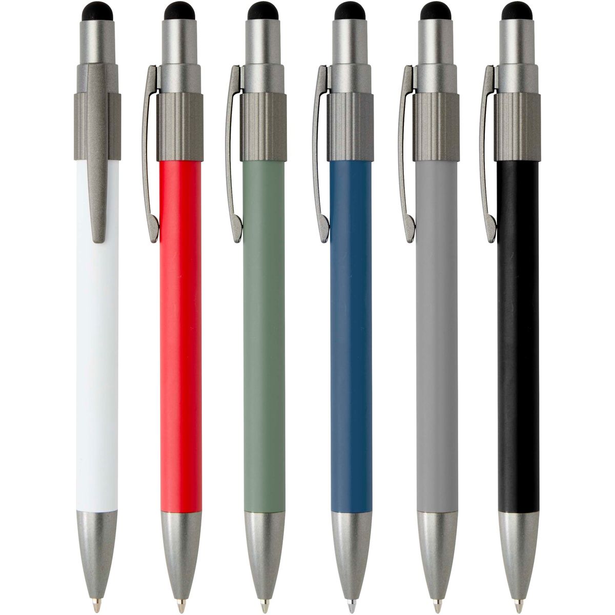 Penne a sfera riciclate con stylus e fidget spinner, inchiostro blu