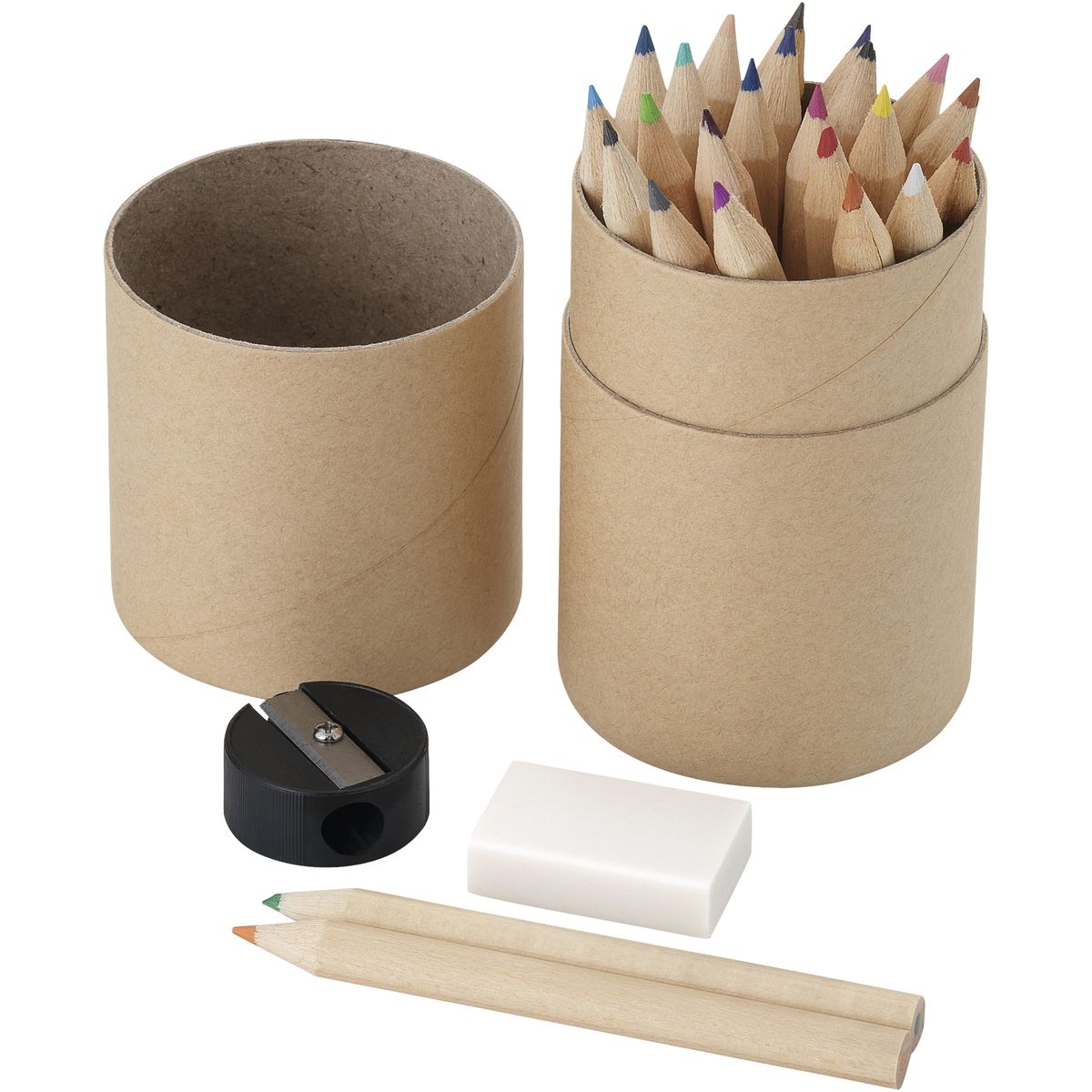 Set di matite colorate con gomma e temperamatite in tubo di cartone