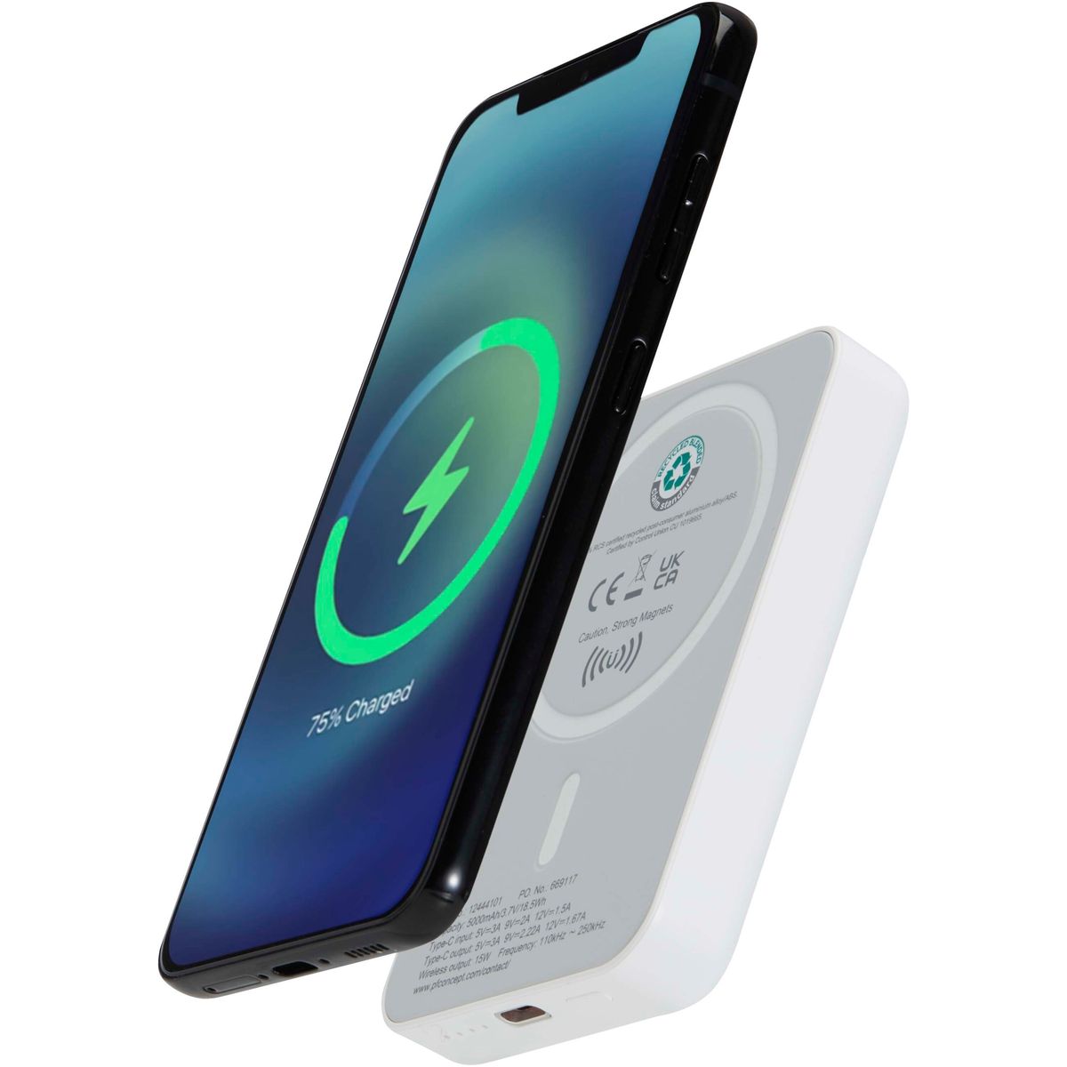 Power bank magnetici wireless da 5000 mAh in plastica riciclata