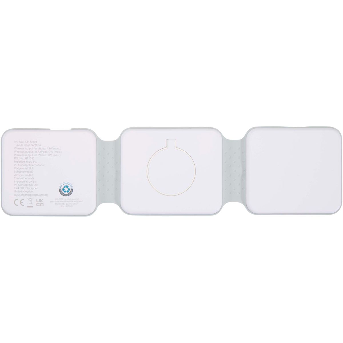 Caricabatterie wireless 3 in 1 pieghevoli da 15 W in plastica riciclata