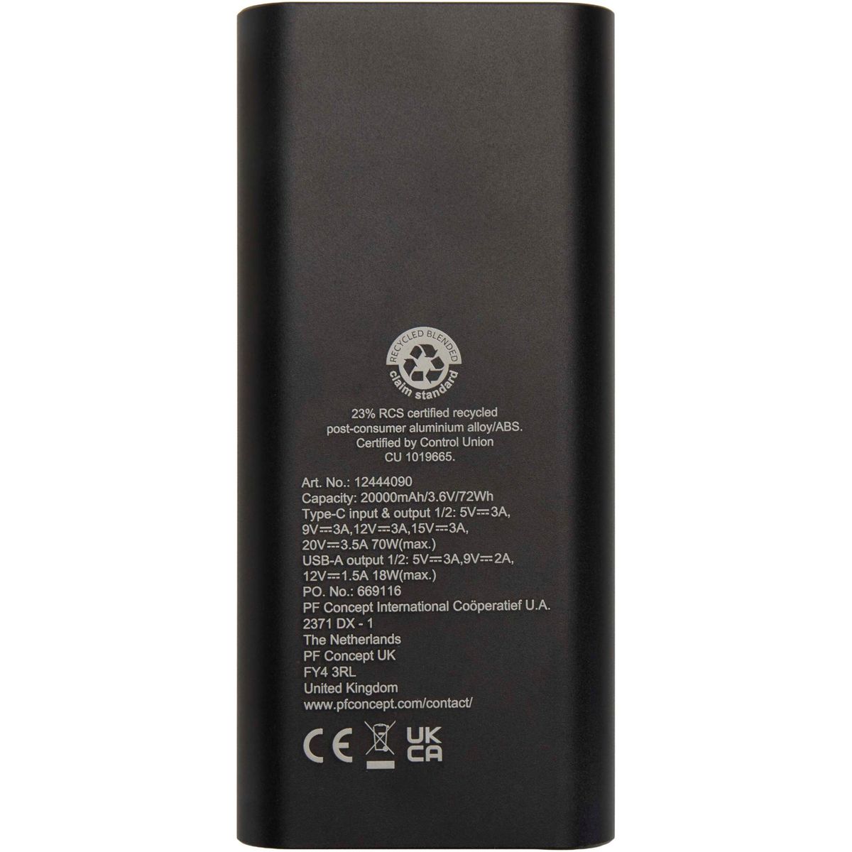 Power bank per laptop da 20.000 mAh, 70 W, in alluminio riciclato