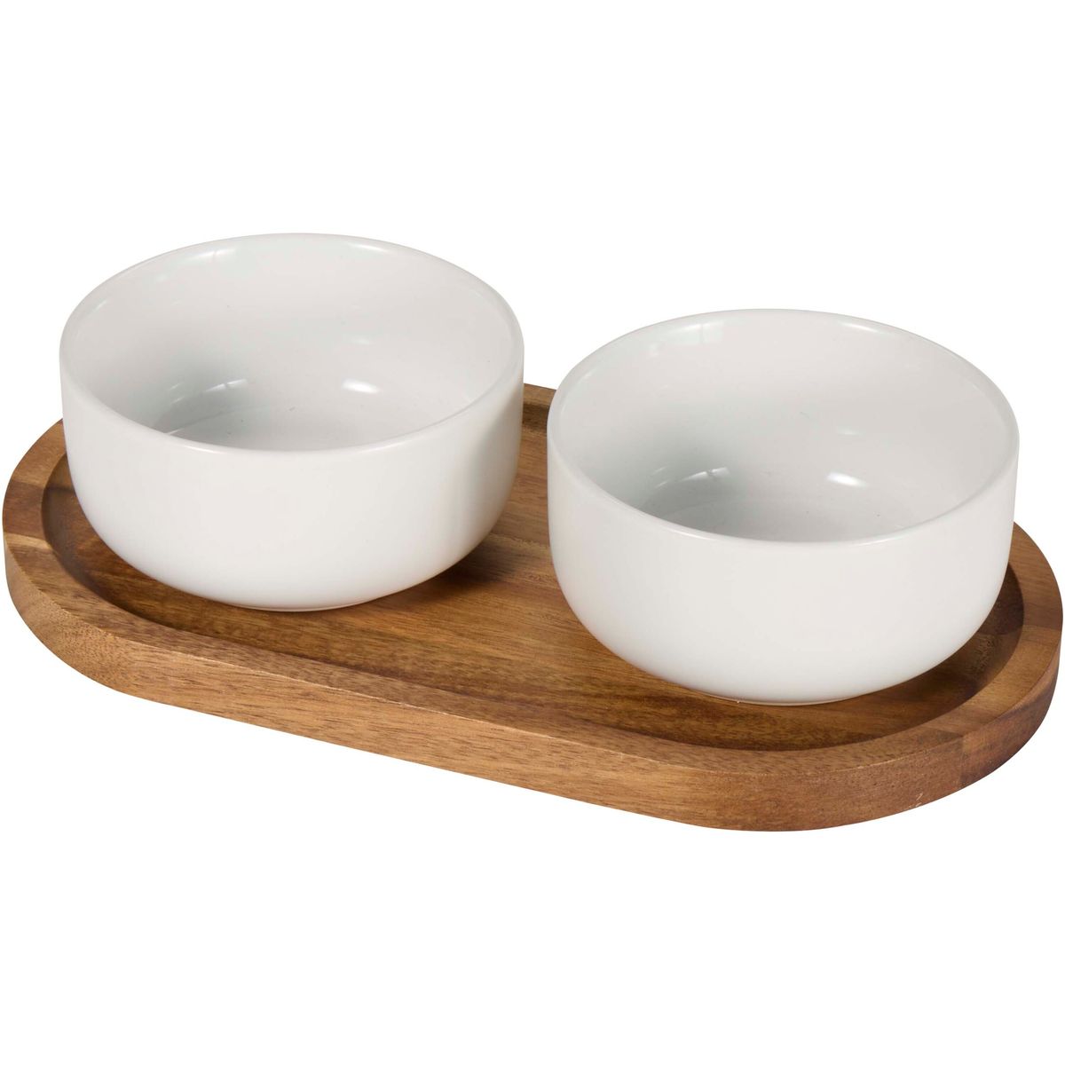 Set di 2 ciotole in ceramica da 210 ml con vassoio in legno di acacia