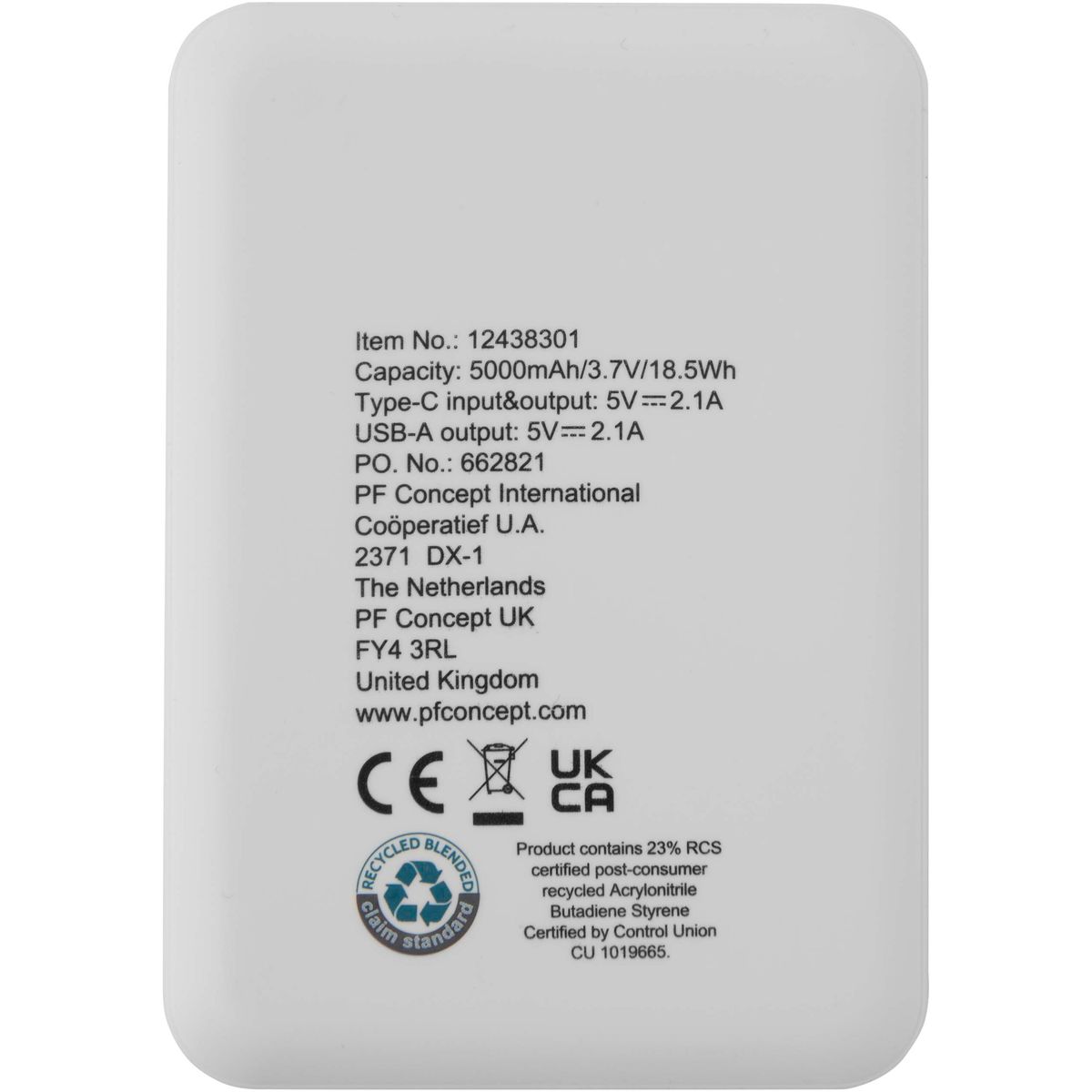 Power bank sottili da 5000 mAh in plastica parzialmente riciclata